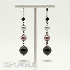 kolczyki wiszące 3 perły stal i koniczynka clover kolorowa bizuteria