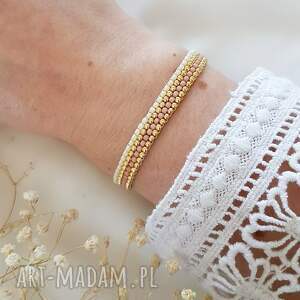 Bransoletka różowo - kremowa biżuteria, szkło japońskie, koraliki toho, szyta ręcznie, regulowana, styl