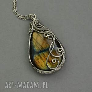 Wisiorek z labradorytem Wire Wrapping ze stali chirurgicznej - prezent dla niej