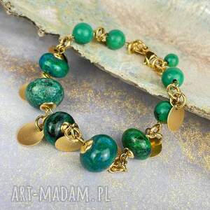 pozłacana bransoletka z chryzokolą i turkusem afrykańskim c1067, zielona