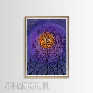 oryginalna akwarela A4 księżyc drzewa, noc plakaty