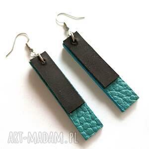 czarno-turkusowe wiszące kolczyki z naturalnej skóry stalowe bigle