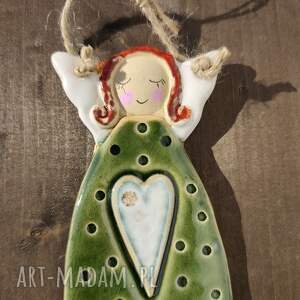 Anioł ceramiczny handmade - zawieszka na chrzest i komunię (zielony prezent)