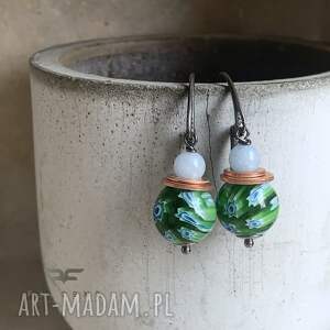 Green Millefiori - Baby Blue Accent, kolczyki - jadeitami