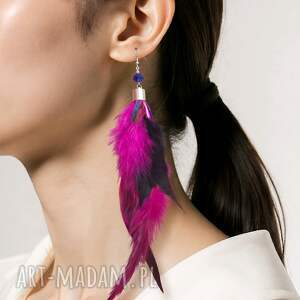 kolczyki amarantowo fioletowe pióra, etno, boho, folk, frida