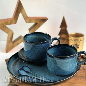 handmade ceramika zestaw - patera taca ceramiczna plus filiżanki - nocne niebo