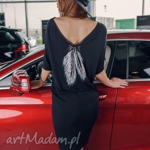 tunika czarna pióro /piuma angelwings, malowanka elegancka, sukienka