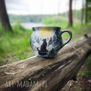 malowany zaśnieżony las i kot, halloween, kubek dla niej