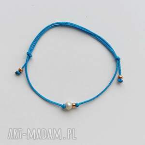 Okrąg bransoletka z perłą słodkowodną na sznurku - niebieska, handmade - koraliki szklane