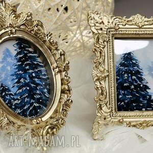 ręcznie malowane mini obrazki świąteczne, choinki niebiesko - złote prezent