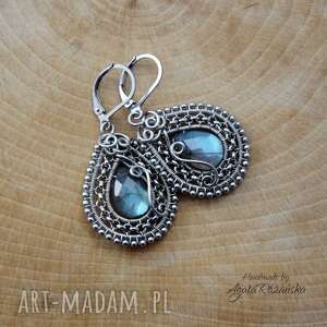 kolczyki z labradorytem, wire wrapping, stal chirurgiczna