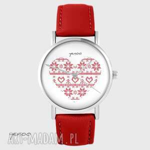 zegarek - serce skandynawskie czerwony, skórzany, folkowy, prezent