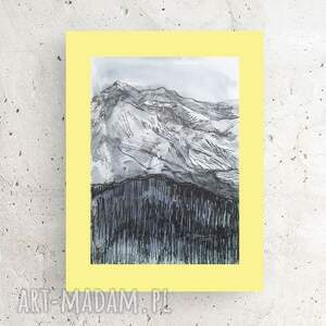 góry rysunek 30x40, ręcznie malowany pejzaż górski, czarno biały obrazek z górami, góry