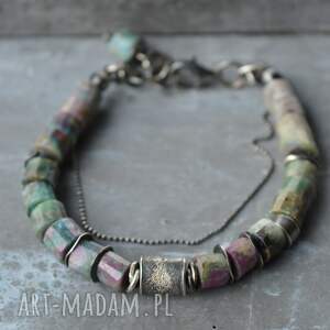 srebrna bransoletka z fuchsytem, srebro oksydowane