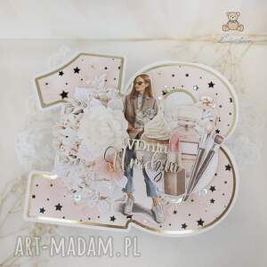 handmade scrapbooking kobieca kartka urodzinowa na 18 urodziny, kartka cyferka