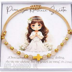 bransoletka różaniec kamień słoneczny rękodzieło, prezent komunia święta