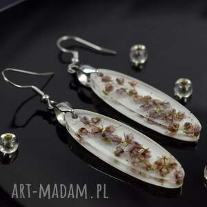 kameleon długie, owalne kolczyki z kwiatam wrzosu prezent, kwiaty