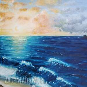 morski wschód słońca - obraz olejny na płótnie, 60x80 cm, statek morze plaża