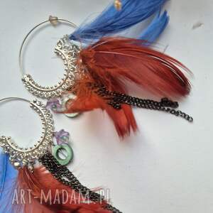 kolczyki długie lekkie zwariowane pióra na bazie koła wykonane w pojedynczym