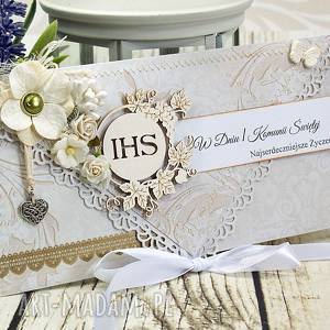 handmade scrapbooking kartki pamiątka i komunii św. beżowe damaski