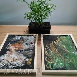 zestaw ręcznie malowanych obrazów z ramami - dyptyk mistyczny pouring 2x