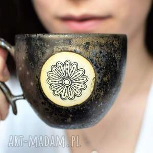 filiżanka ceramiczna z kwiatem złoto i srebro 250ml kawy