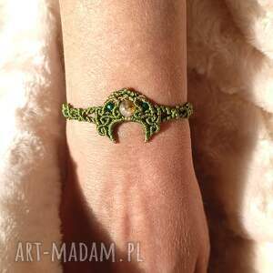 lunula księżyc szmaragd i cytryn w makramie bransoletka pleciona zielono złota