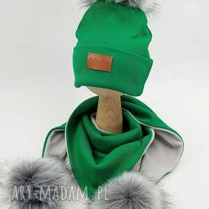 czapka z chustą zima zielony, bawełna pompon, prążek