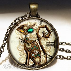 handmade naszyjniki steampunk'owy kot - duży medalion z łańcuszkiem