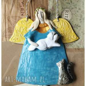 handmade ceramika anioł z pudlem i kotem