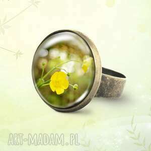 pierścionek - żółty kwiat antyczny brąz, szklany, romantyczny, unikatowy
