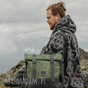 Zielono brązowy plecak z bawełny woskowanej i skóry Vintage zapinany