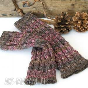 długie getry, podkolanówki ręcznie robione, wełniane, brązowo - różowe