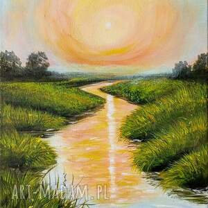 Obraz akrylowy Pejzaż „Dotyk Ciepła” 40x30 cm - ciepły zachód słońca na płótnie, ręcznie malowany