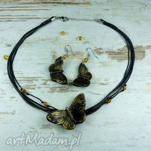 czarno złoty komplet biżuterii z motylami