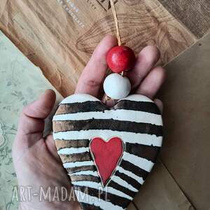 Serce ceramiczne w czarne paski z koralikami - handmade