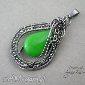 handmade wisiorki wisior jadeit zielony, stal chirurgiczna, wire wrapping