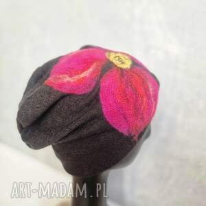 czapka wełniana filcowana zimowa clbrazowa ostatnia handmade w kwiaty
