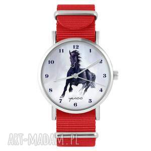 hand made zegarki zegarek - czarny koń, cyfry - czerwony, nylonowy