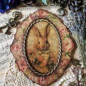 dekoracyjny medalion vintage z zajączkiem decoupage, shabby chic, farmhouse