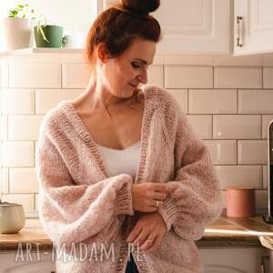 kardigan, sweter na drutach, narzutka różowy sweter alpaki