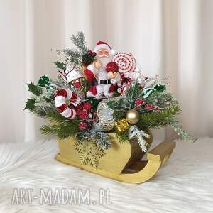 brokatovo dekoracja na boże narodzenie z mikołajem stroik świąteczny w złotych