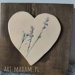 serce ceramiczne, drewno, ozdoba do domu rękodzieło