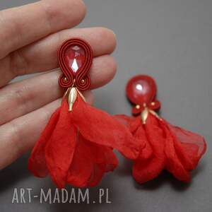czerwone klipsy sutasz z kwiatkiem, sznurek, wyjściowe delikatne, eleganckie