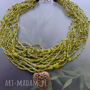Naszyjnik Zielony Koraliki Oliwkowe Serce Ażurowe
