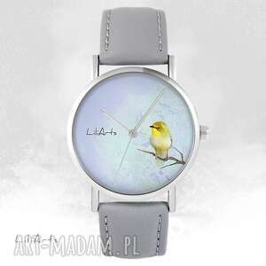 handmade zegarki zegarek - żółty ptaszek szary, skórzany