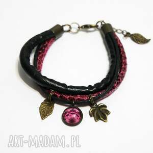 handmade bransoletka - różowa koronka, liście - rzemienie