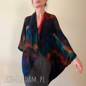 Kardigan kokon z wełny merino ciemne z kolorowymi akcentami