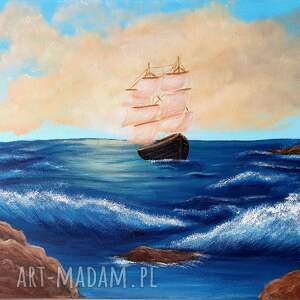 obraz marynistyczny ręcznie malowany statek, morze, chmury