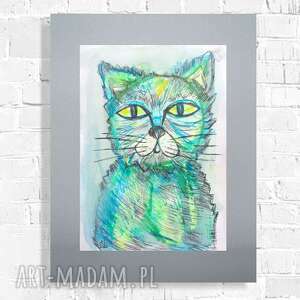 handmade pokoik dziecka kot obrazek malowany ręcznie, oryginalna grafika z kotem